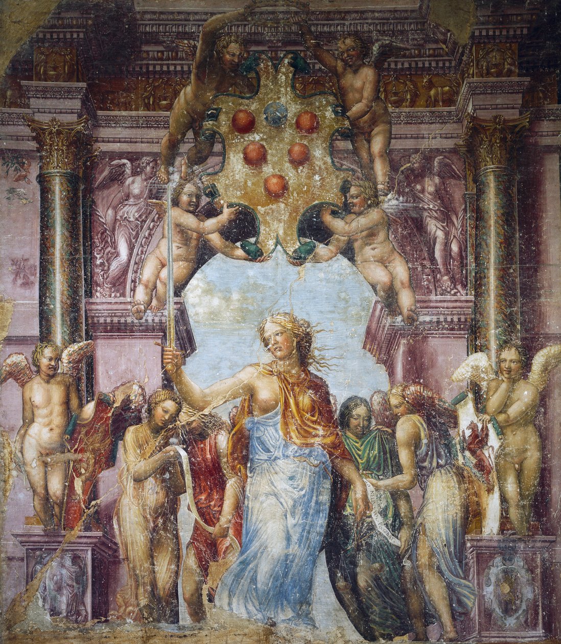 ダニエーレ・ダ・ヴォルテッラまたはイル・ブラゲットーネ（1509-1566）として知られるダニエーレ・リッチャレッリの絵画『正義の寓意』。 作： (1509 66) ダニエレ ダ ヴォルテッラ