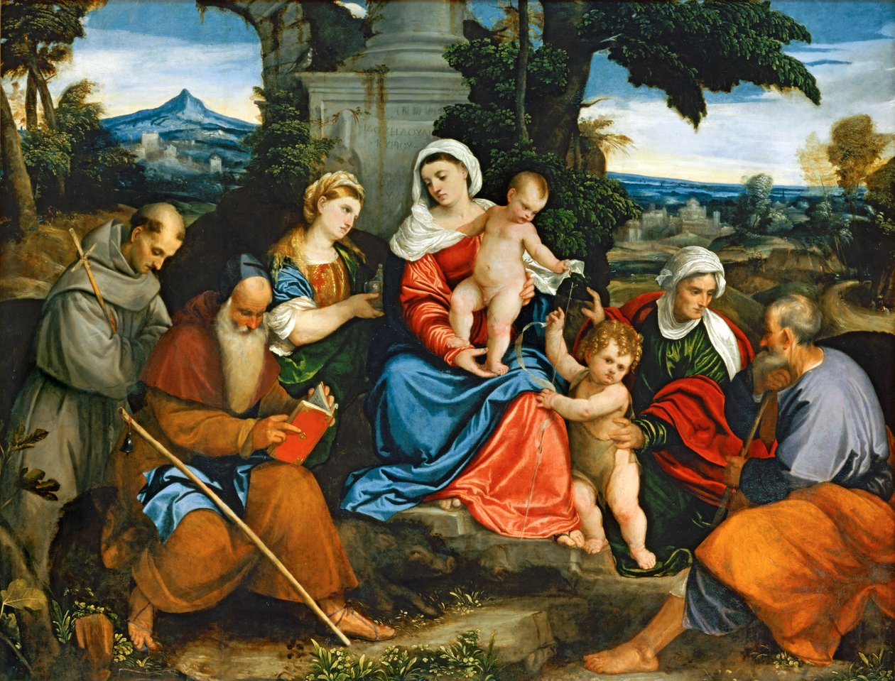 聖家族と聖フランシスコ、アンソニー、マグダラの女、洗礼者ヨハネ、エリザベス ... 作： (1528-88) ヴェロネーゼ