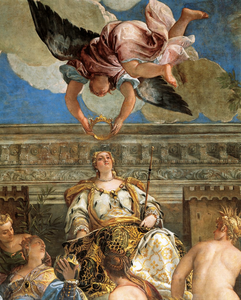 パオロ・ヴェロネーゼ（1528-1588）によるヴェネツィアの神格化、フレスコ画、細部、サラ・デル・マッジョール・コンシーリオ（大評議会ホール）、ドゥカーレ宮殿、ヴェネツィア 作： (1528 88) ヴェロネーゼ