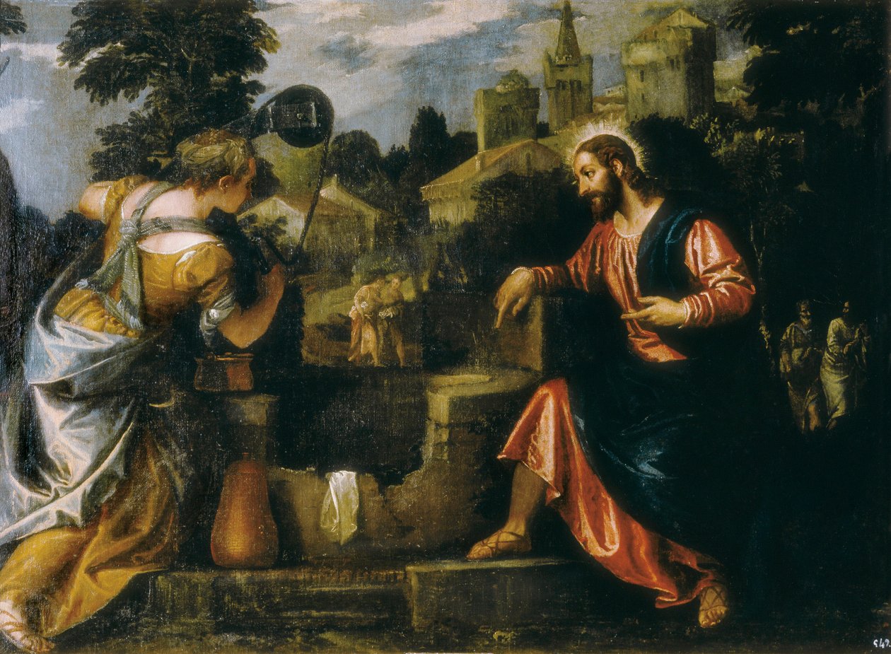 キリストと井戸端のサマリヤ人女性パオロ・カリアリによる絵画は、パオロ・ヴェロネーゼ（1528-1588）、1580年。エル・エスコリアルのサン・ロレンソ・リアル・モナステリオ。 作： ヴェロネーゼ
