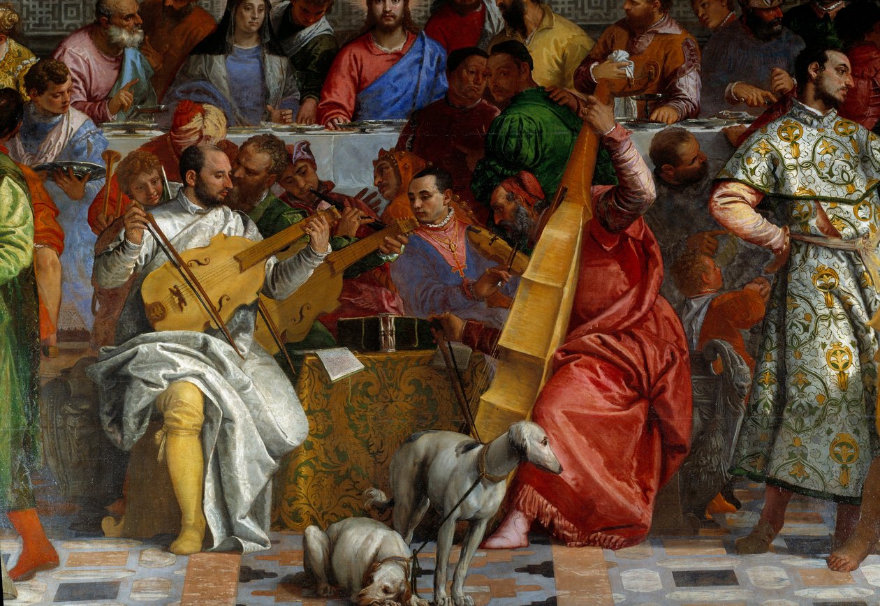 カナの婚礼、詳細：音楽家たち。パオロ・ヴェロネーゼ（1528-1588）のフレスコ画 Ec.Fri. 作： ヴェロネーゼ
