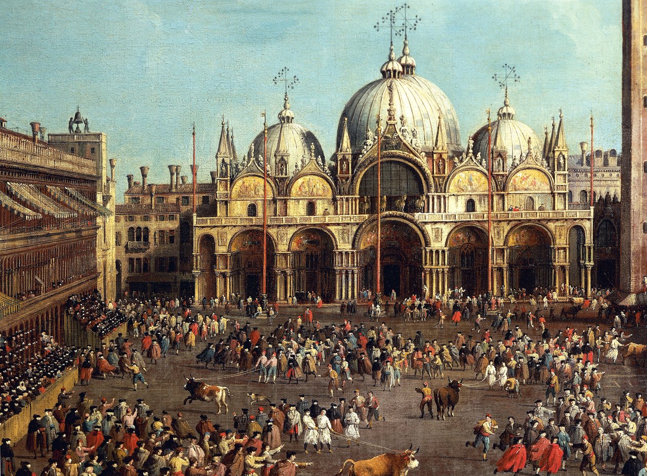 サン・マルコ広場での闘牛」ジョヴァンニ・アントニオ・カナル（カナレット、1697-1768）とジョヴァンニ・バティスタ・チマローリ（1687-1753）の作品、油彩・カンヴァス、99x145cm。 作： カナレット
