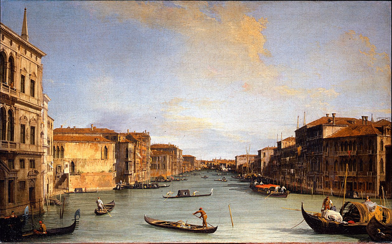 Vue du Grand Canal (ヴェネツィア、イタリア) (大運河の眺め) - ジョヴァンニ・アントニオ・カナル・ディット・カナレット (1697-1768) による絵画、キャンバスに油彩 (45x73 cm) 作： カナレット