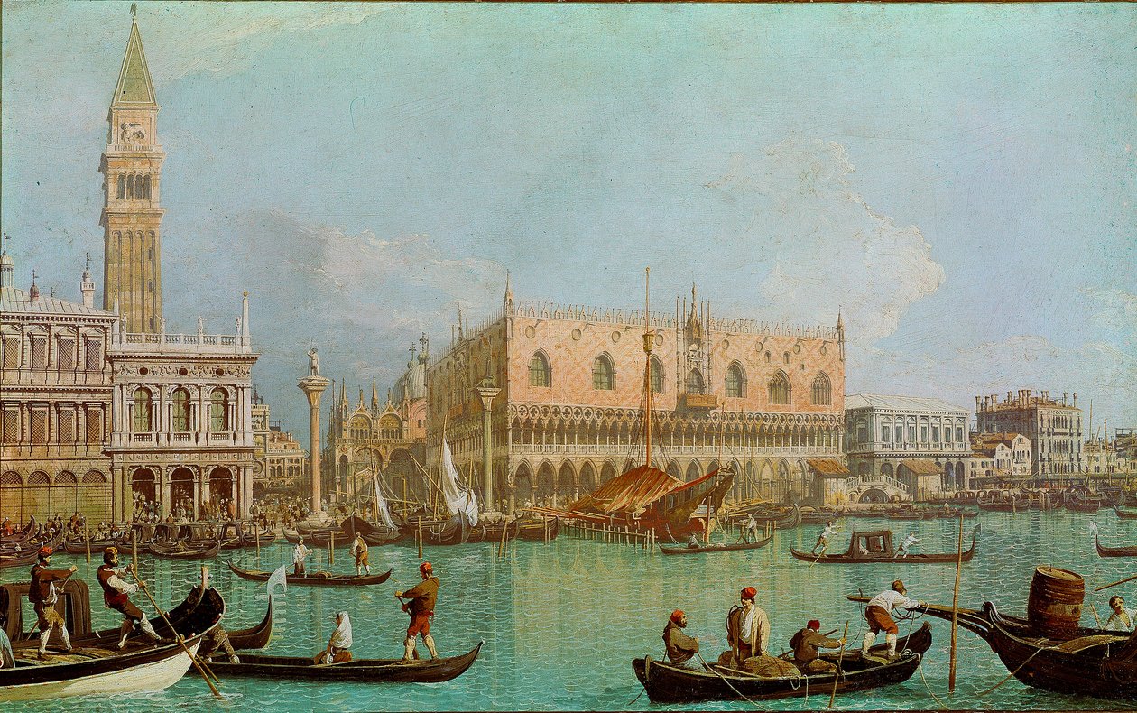サン・マルコの水盤のドゥカーレ宮殿のあるモール（Il molo col Palazzo Ducale dal bacino di San Marco）。運河から見たヴェネツィア、ドゥカーレ宮殿、サン・マルコ広場の眺め。ジョヴァンニ・アントニオ・カナル・ディット・イル・カナレット（1697-1768）の作品。 作： カナレット