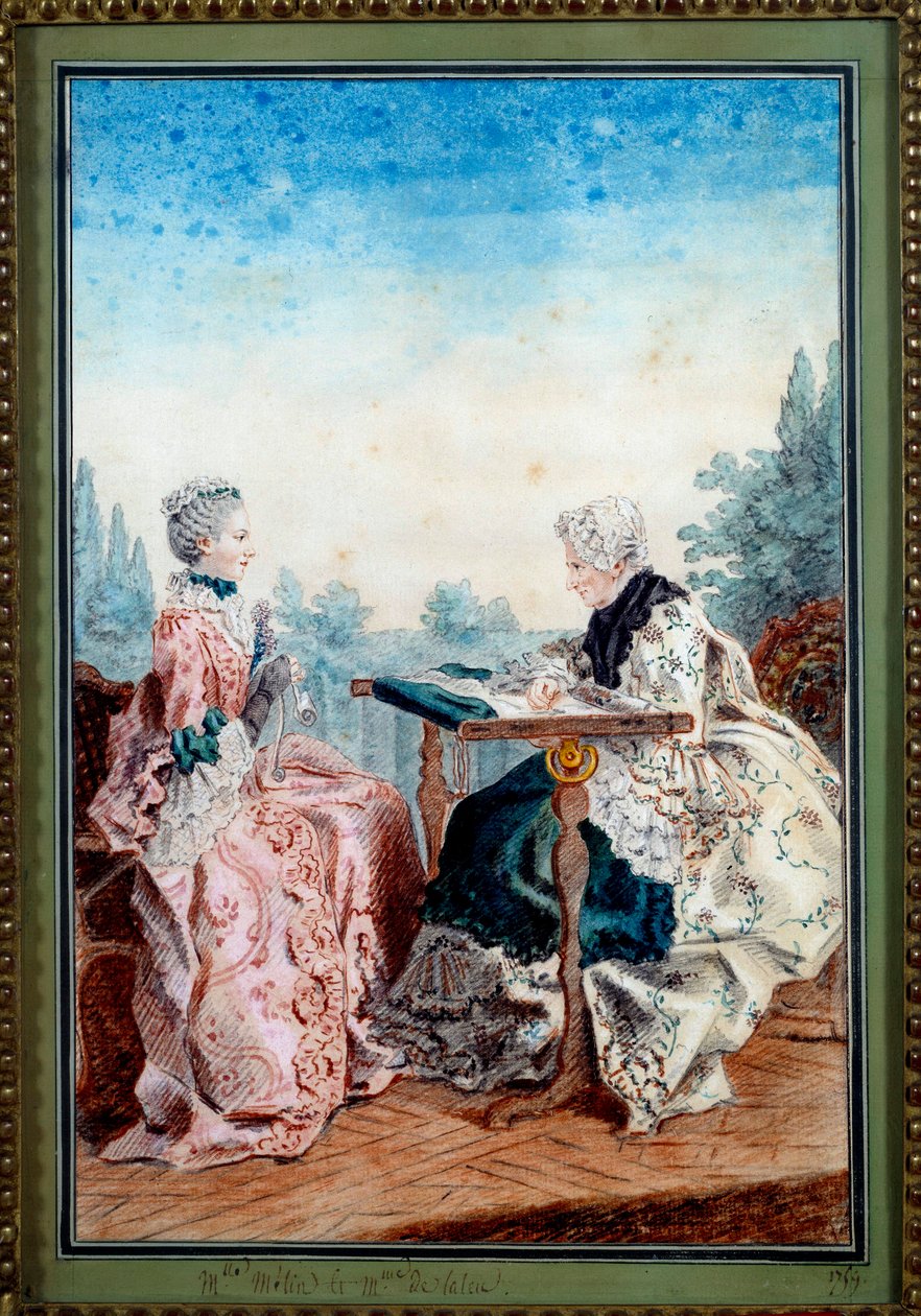 メラン嬢とラルー嬢が水彩画を描くタペストリー ルイ・カロギス（カルモンテル）（1717-1806）1759年作パリ、カルナヴァレ美術館 作： カルモンテル