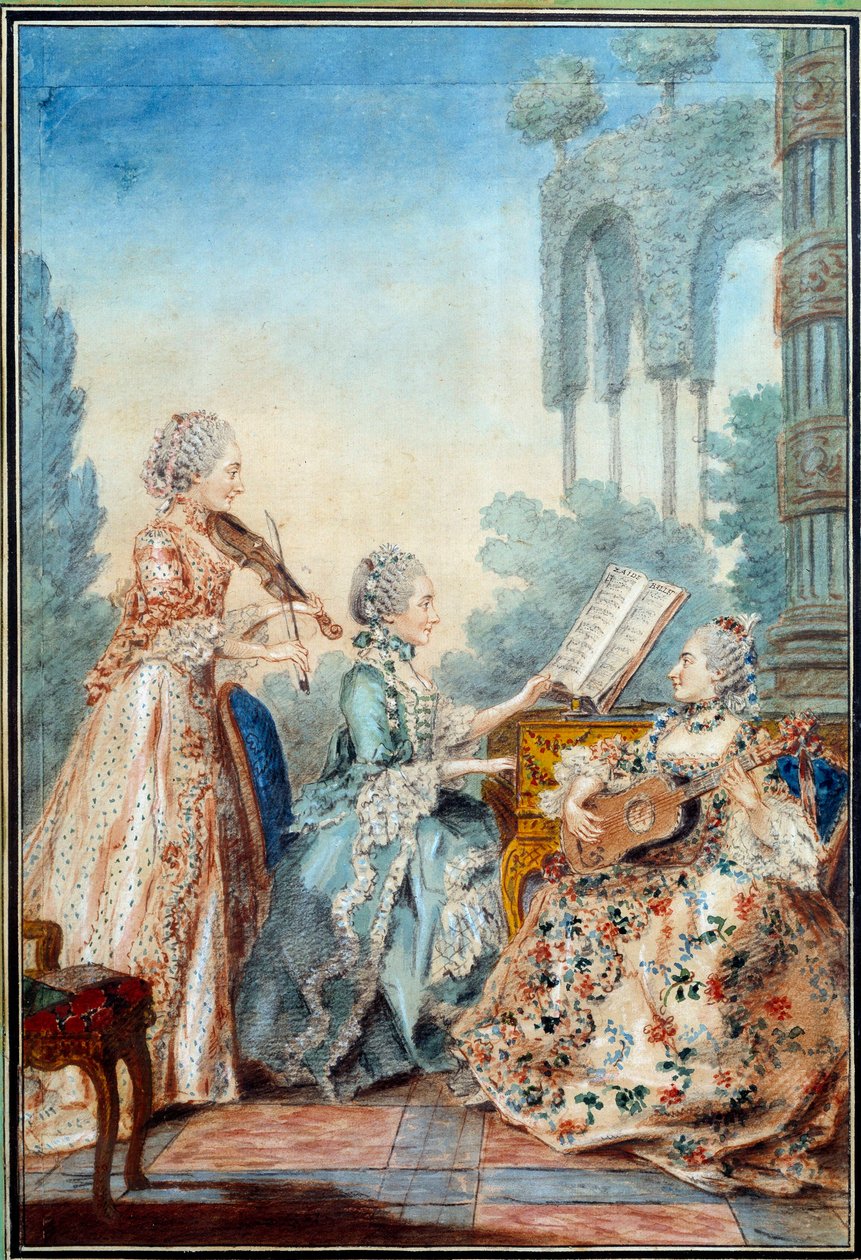 ルイ・カロギス・カルモンテル（1717-1806）のバレエ「ザイデ・アクアレル」の楽譜を演奏する作曲家ジョセフ・ニコラ・パンクレース・ロワイエ（1705-1755）の3人の娘たち 1760年 パリ、カルナヴァレ美術館蔵 作： カルモンテル