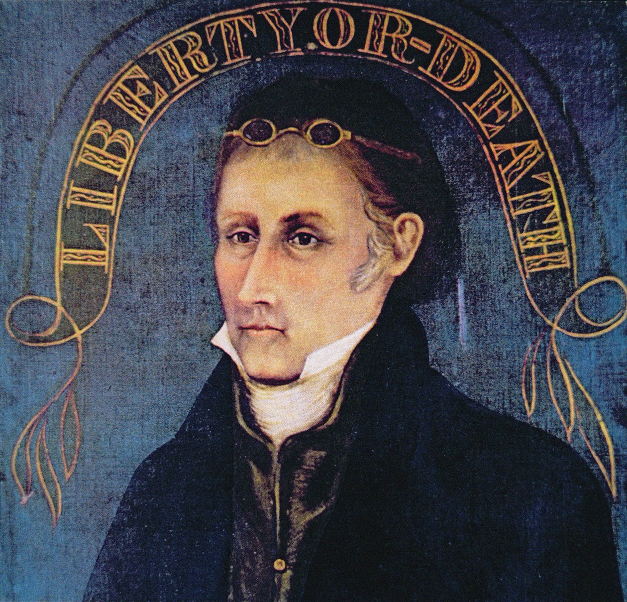 パトリック・ヘンリー、「Liberty or Death（自由か死か）」の伝説とともに描かれている（カラーリトグラフ 作： （後）アメリカンスクール