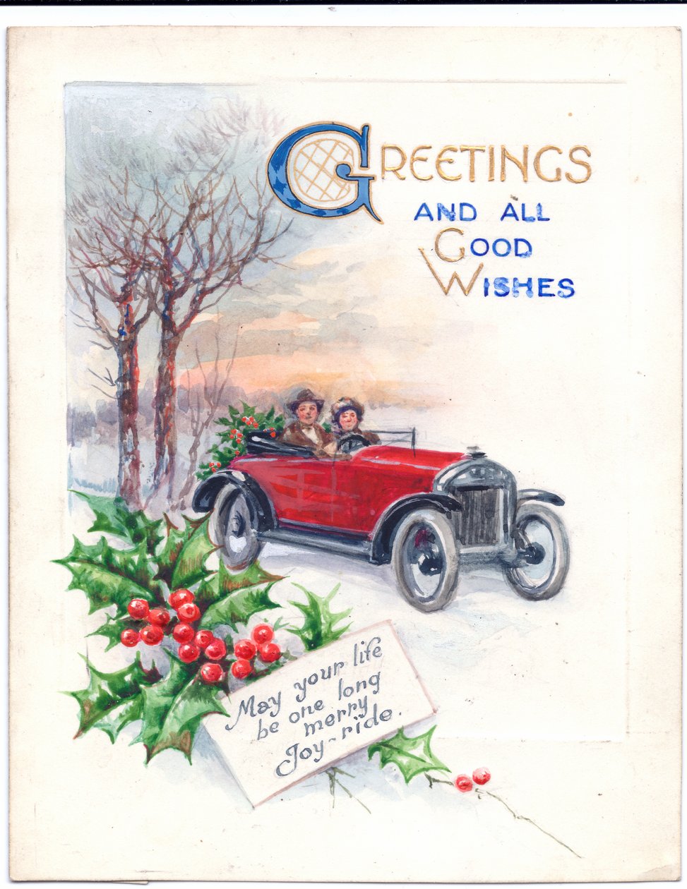 赤い車とヒイラギを描いたクリスマスカードの原画（1951年頃 作： （後）英語学校