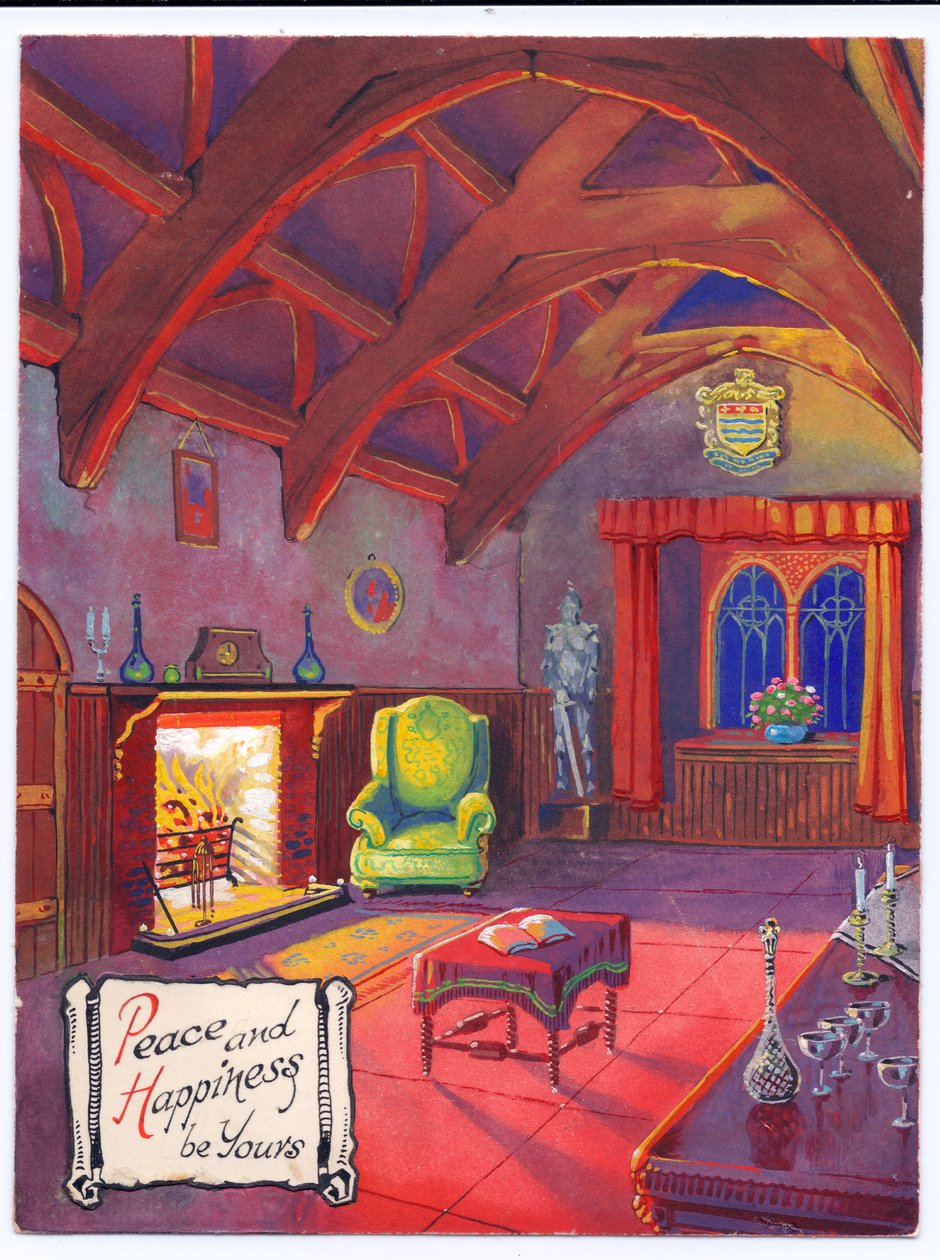 1953年頃、バロニアル・ホールで燃え盛る火を描いたクリスマスカードの原画 作： （後）英語学校