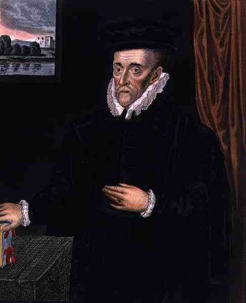 ケンブリッジ、エマニュエル・カレッジの創設者、サー・ウォルター・ミルメイ（1520?-1589）の肖像（R. Ackermann出版の「The History of Cambridge」より 作： （後）英語学校