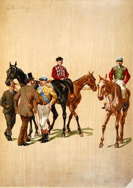 競馬場のジョッキーたち、1875年頃（カラーリトグラフ） 作： （後）フランスの学校