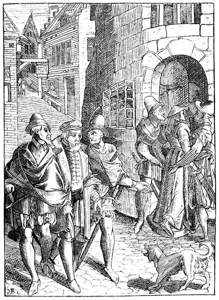 Joose de Damhouder (1507-81) の『Praxis Rerum Civilium』に掲載された木版画をもとに作成された、パリのタンネリー通りにあるプロヴォストの監獄。 作： （後）フランスの学校