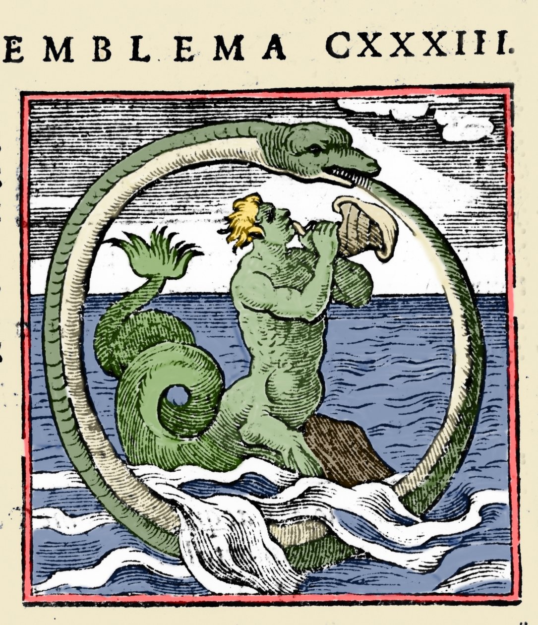 トリトンとウロボロス、アンドレア・アルシアティのイラスト「Emblemata」（Emblematum libellus）（カラーリトグラフ版 作： (後)イタリア学校