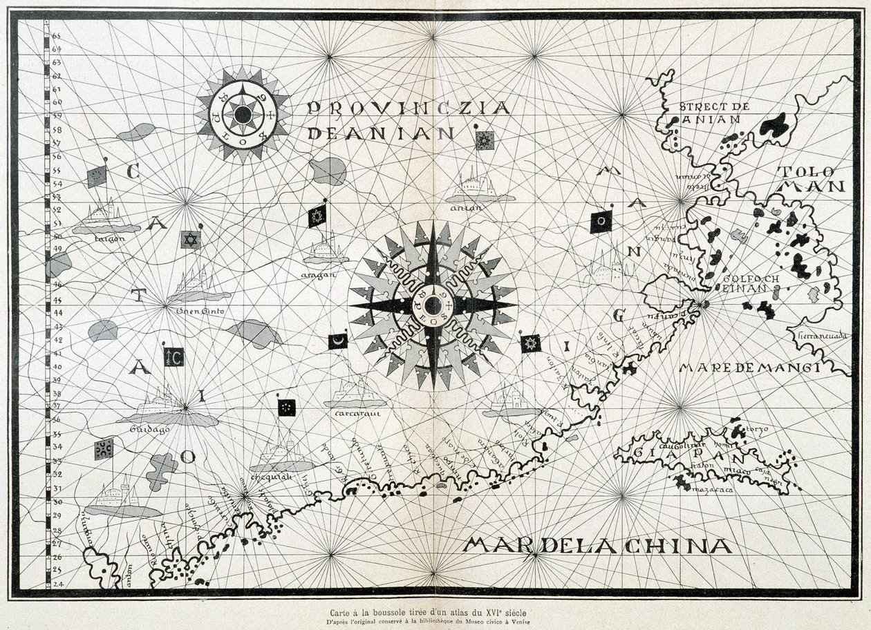 ベニスの市立博物館の図書館に保存されているオリジナルに基づく、16 世紀の地図帳のコンパスソールの地図 作： (後)イタリア学校