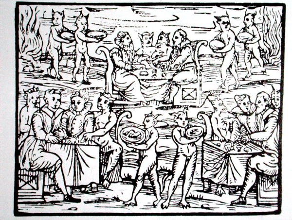 魔術師の饗宴、19 世紀後半に出版された「魔法の歴史」で使用された、ミラノ 1608 年、Fr M Guaccius による「Compendium Maleticarum」のイラストのコピー（木版画） 作： (後)イタリア学校