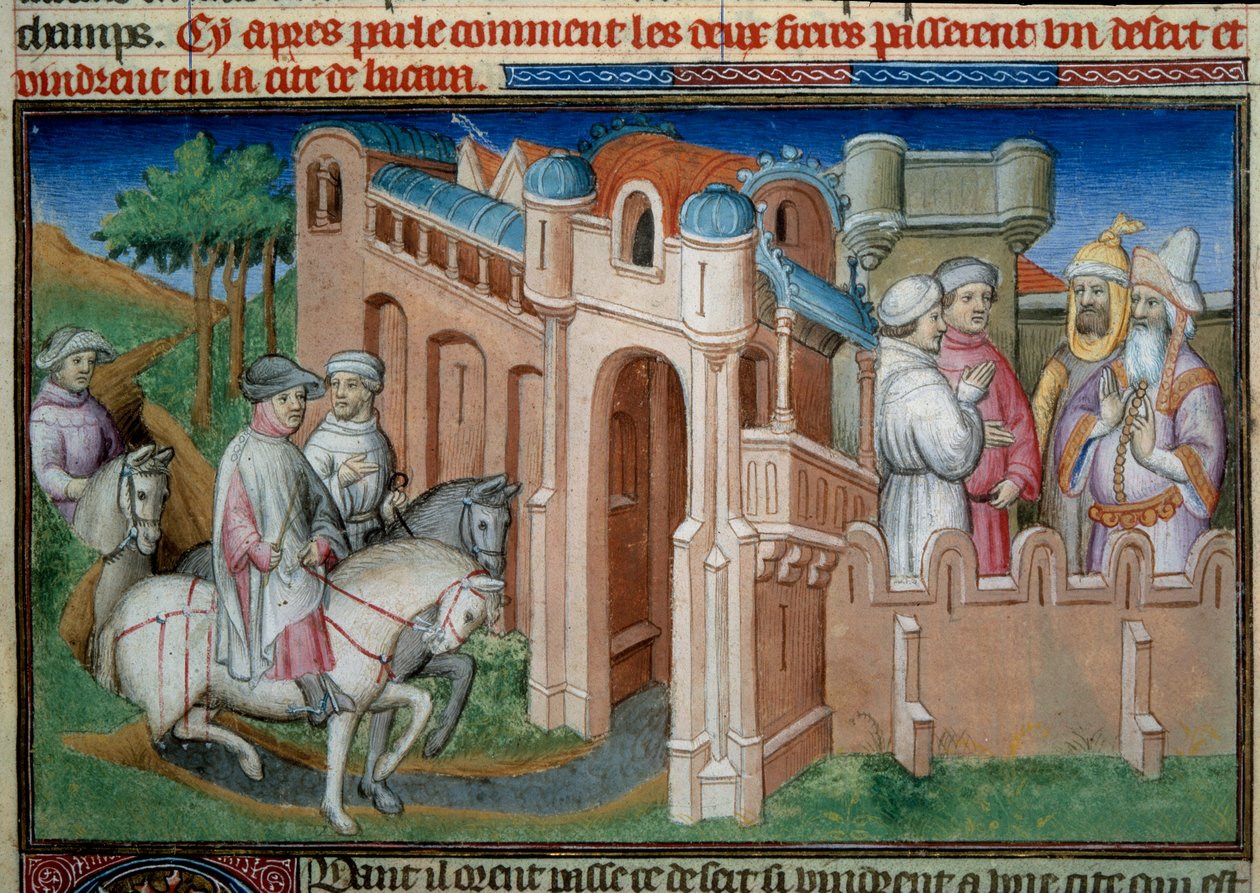 ウズベキスタンのブハラに到着したマルコ・ポーロ（1254-1324）の叔父と父であるニコロとマッテオ・ポーロの兄弟。マルコ・ポーロ（1254〜1324）の『不思議の書』（『世界の不思議』『イル・ミリオーネ』）から、ブシの巨匠が描いたミニチュア。 作： （そしてワークショップ）ブシコーマスター