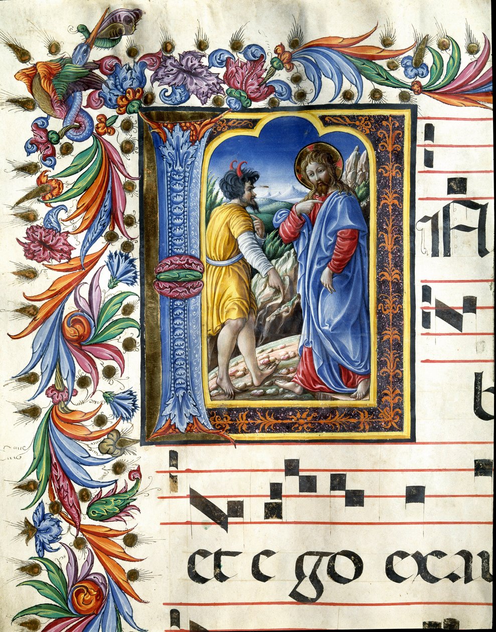 キリストの誘惑を描いたデコール・レットライン リベラル・ダ・ヴェローナ（1445-1529）による、シエナの大聖堂の聖歌隊席（Cod.20/5.c.45v）のミニチュア。15世紀 イタリア・シエナのカテドラル（ドゥオモ 作： （c.1445 1527）リベラルダヴェローナ