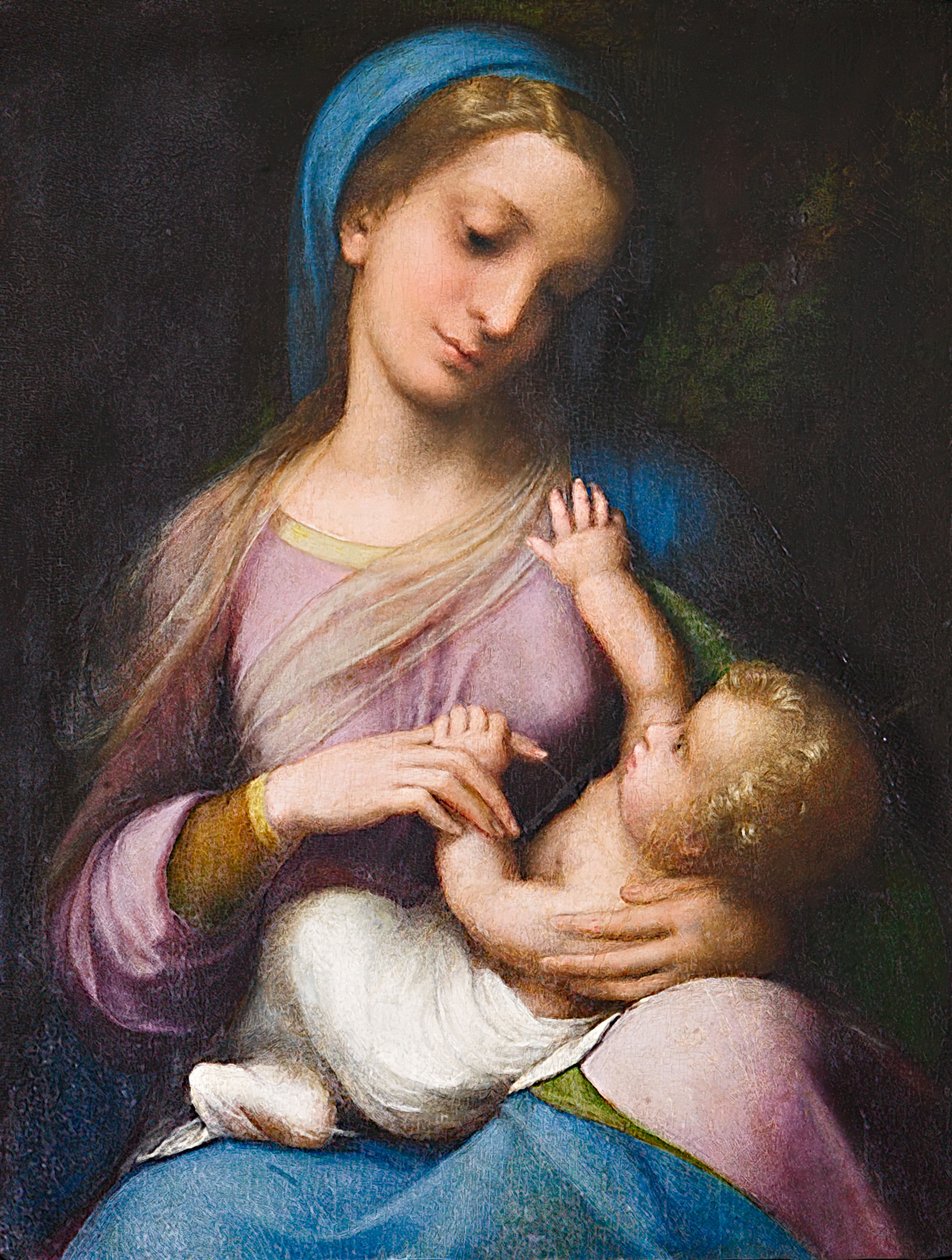 マドンナ・ウィズ・チャイルドまたはマドンナ・カンポリ（パネルに油彩） 作： （c.1489-1534）コレッジョ