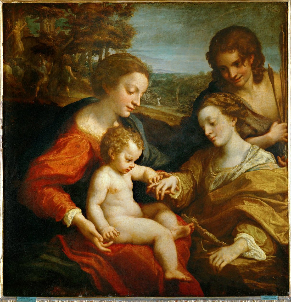 アレクサンドリアの聖カタリナと幼子イエス、そして聖セバスチャンの神秘的な結婚...。 作： (c.1489-1534) コレッジョ