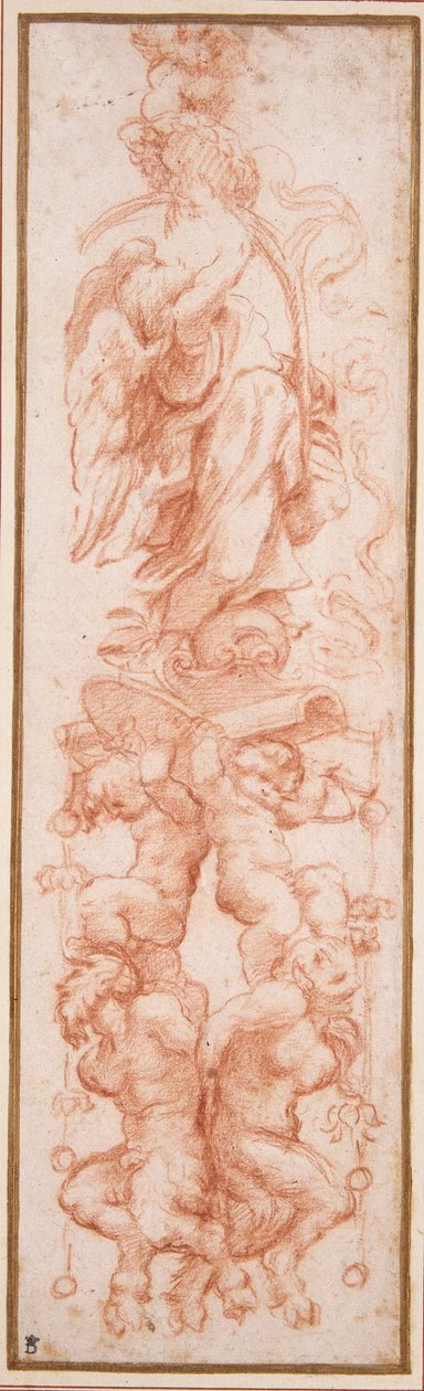 ヴォールトのリブのグロテスクな装飾（白紙に赤チョーク 作： （c.1489-1534）コレッジョ