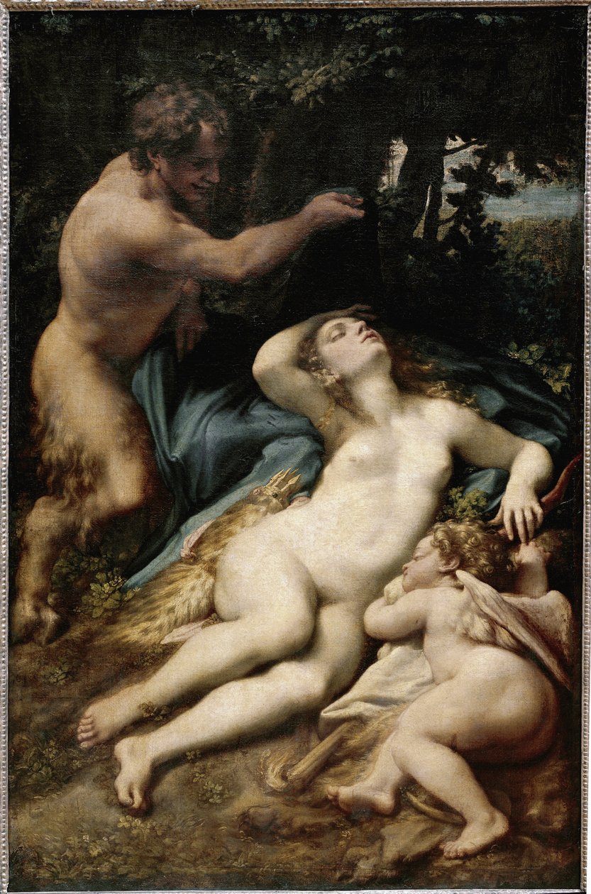ジュピターとアンティオペ（またはキューピッドとサテュロスのいるヴィーナス）（油彩・キャンバス 作： （c.1489-1534）コレッジョ