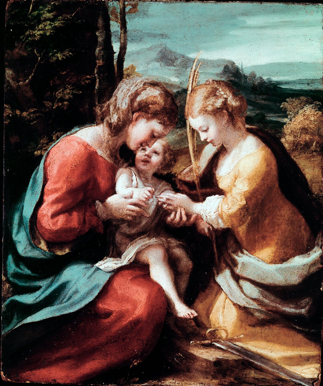アレクサンドリアの聖カタリナの神秘的な結婚」 アントニオ・アレグリ（通称：コレッジ 1489-1534）の絵画 1520年頃 Sun.28,5x23,5 cm ナポリのカポディモンテ美術館 作： （c.1489-1534）コレッジョ