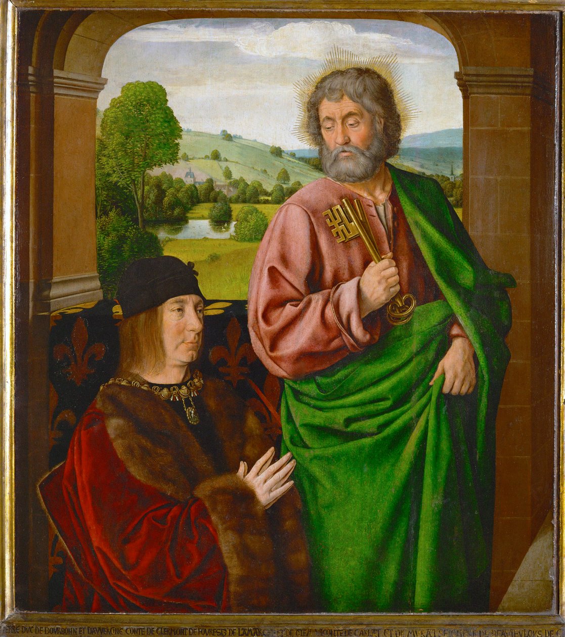 サン・ピエトロから贈られたブルボン公爵ピエール2世（ボージュー牡爵）。 作： (fl.c.1483-c.1529) ムーランの巨匠