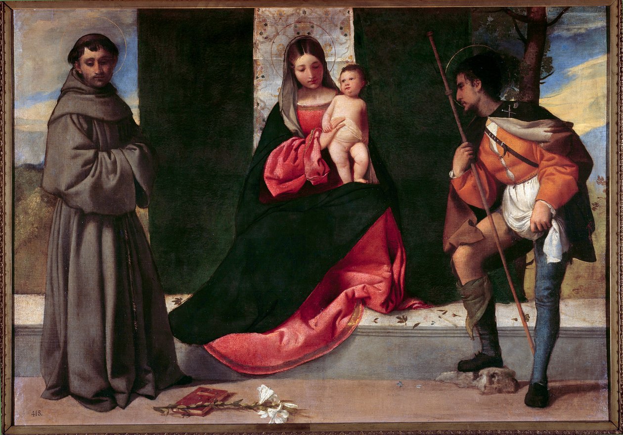 パドヴァの聖アンソニー（san antonio di padova）と聖ロックの間の聖母子像 ジョルジョ・バルバレリ・ダ・カステルフランコ