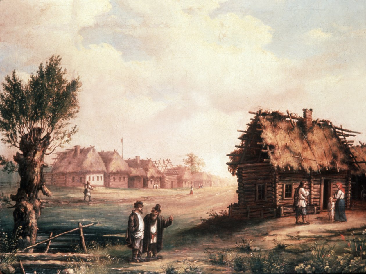 ロシアの貧しい村、1850年代、絵画。 作： 不明
