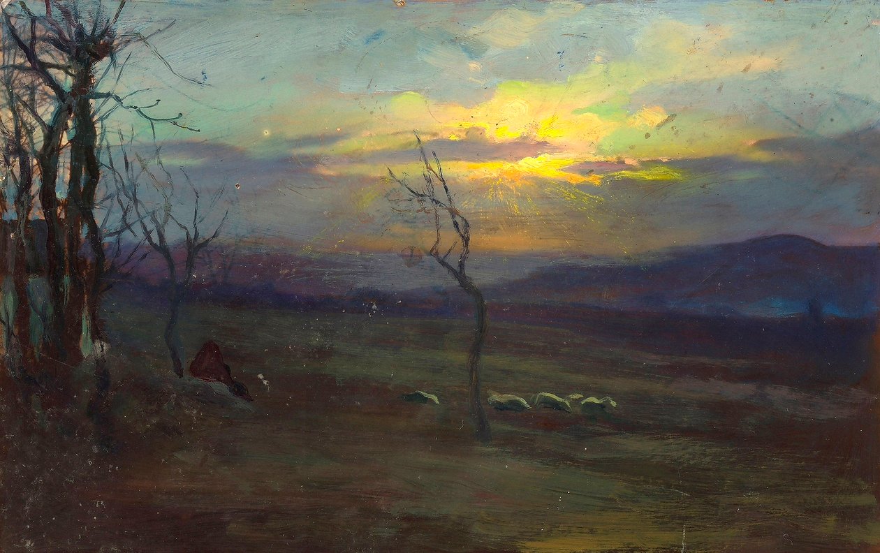 夕暮れ。夕暮れ時の風景を描いた写真絵画 作： 不明