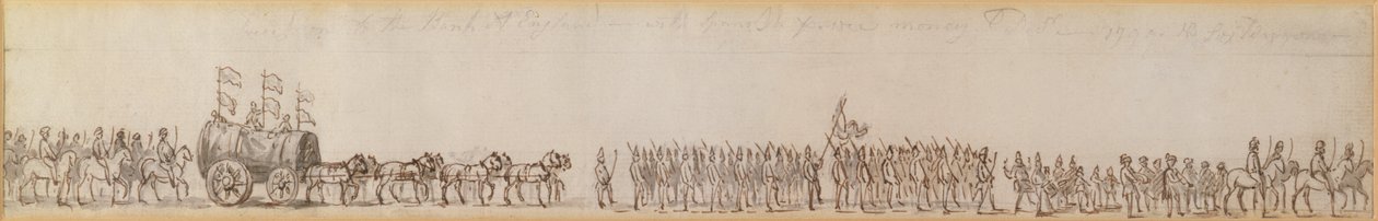 1799年にイギリス海軍によって捕獲されたスペイン海軍のお金をバンクオブイングランドに連れて行く行列（ペンとインクで描く） 作： 不明