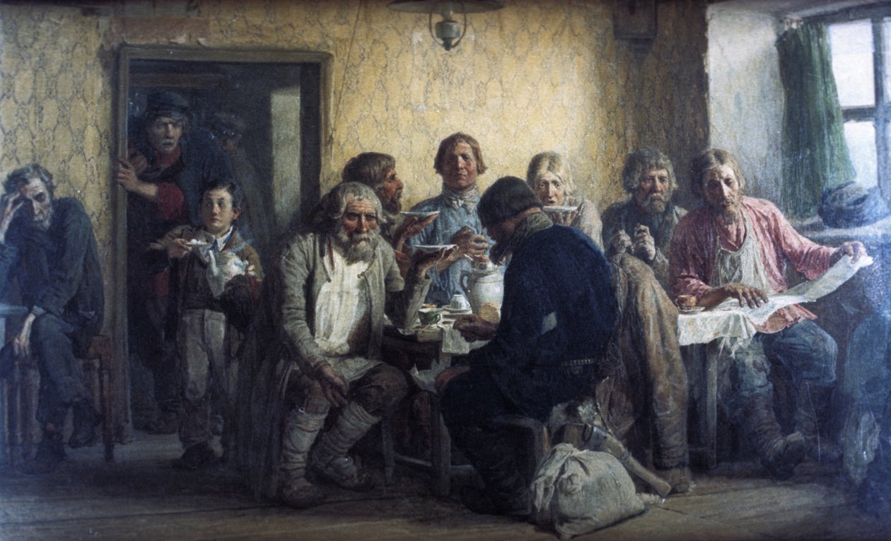 居酒屋でお茶を飲む、1874年、キャンバスに油彩、ビクター・ヴァスネツォフによる絵画。 作： 不明