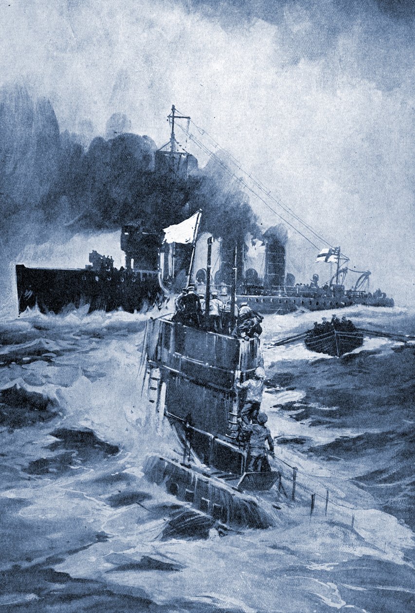 ドイツの潜水艦U 18は、1914年に衝突した後、降伏します。 作： 不明