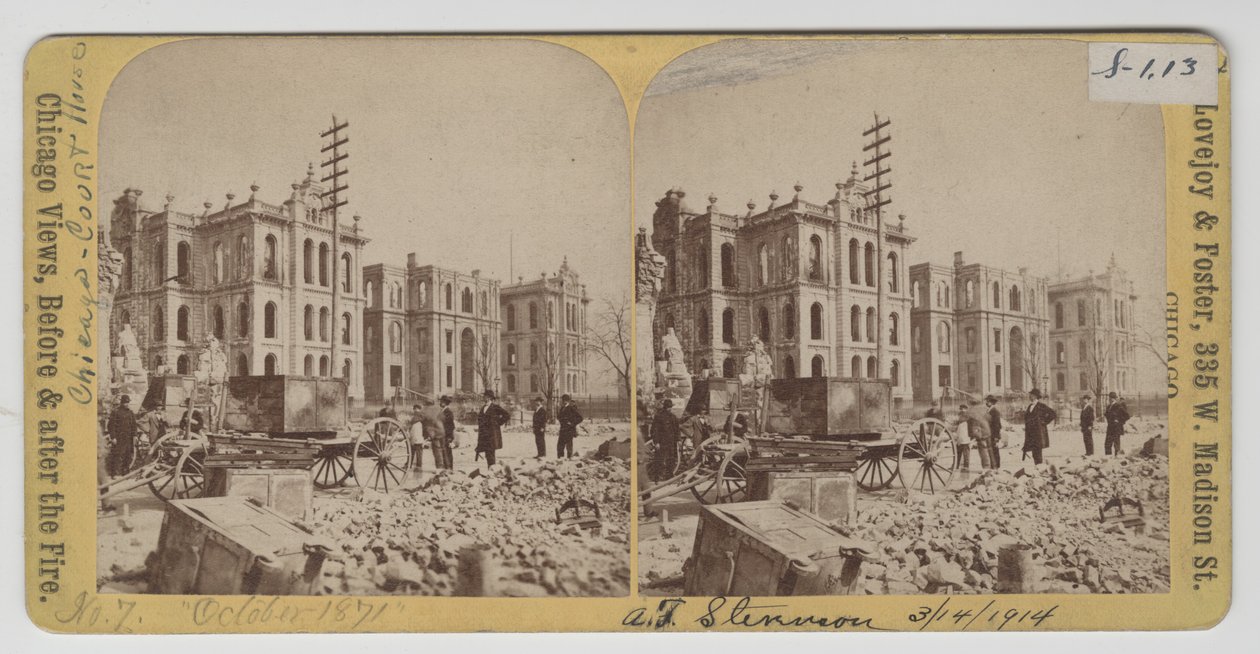 1871年のシカゴ火災後のクック郡裁判所と市庁舎 作： アメリカの写真家