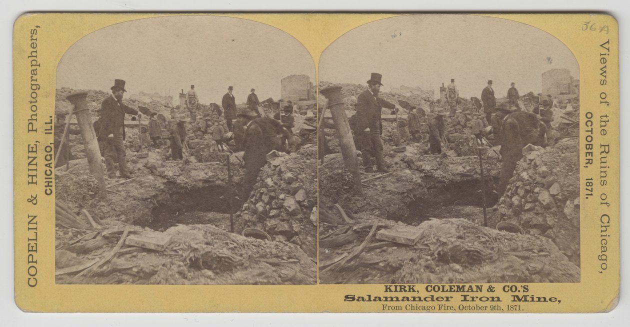 1871年のシカゴ火災後のカーク、コールマン、カンパニーズのサラマンダー鉄鉱山の立体写真 作： アメリカの写真家