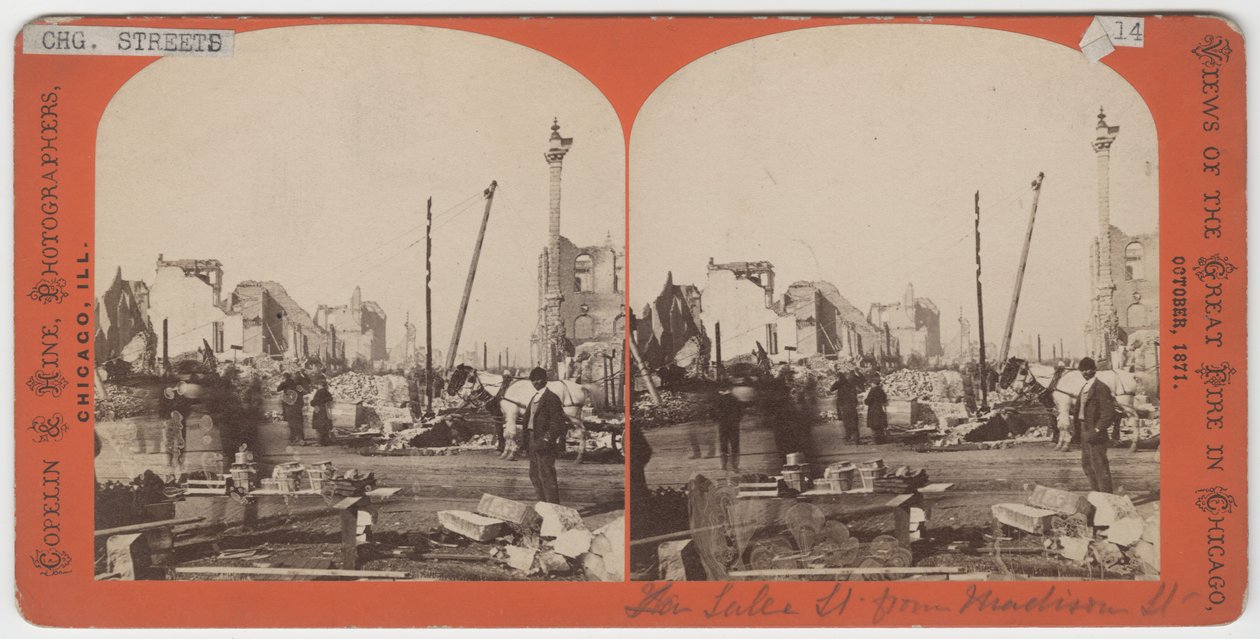 1871年のシカゴ火災後のマディソンストリートからのセントレイクの眺めの立体写真 作： アメリカの写真家