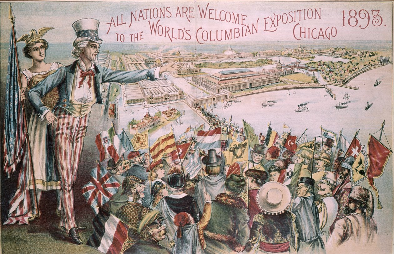 Worlds Columbian Exposition万国博覧会、シカゴ、イリノイ州、1893年の広告 作： アメリカの学校
