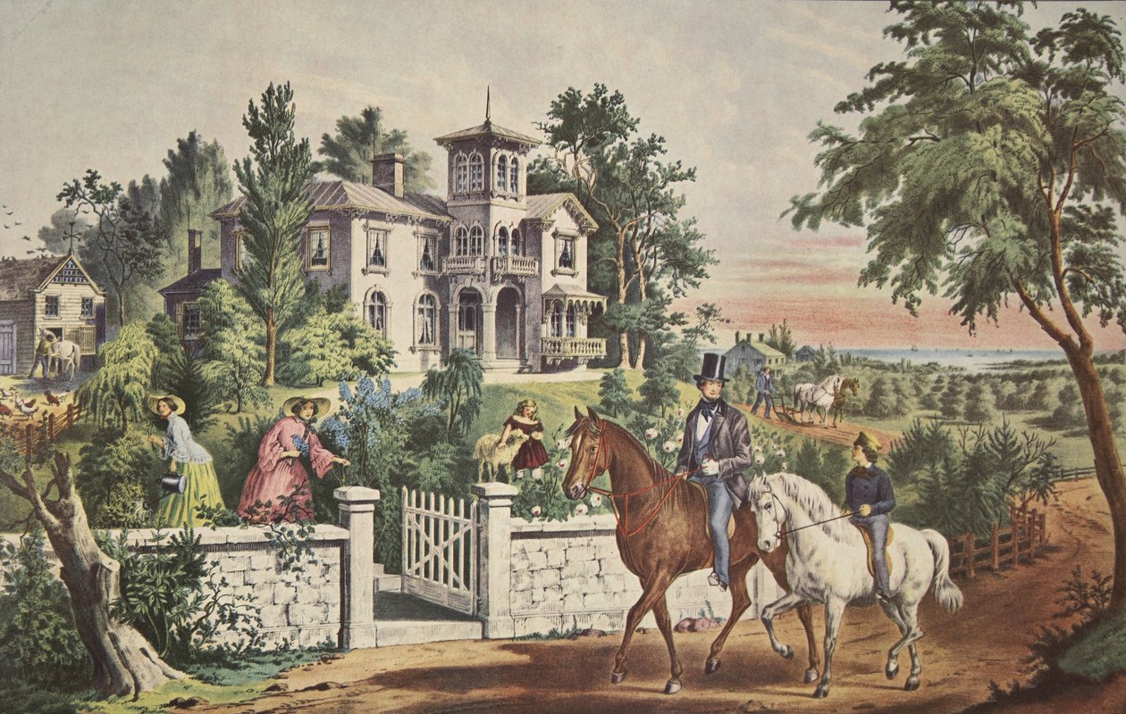 アメリカのカントリーライフ-5月の朝、パブ。 1855年、キュリアーとアイブス 作： アメリカの学校