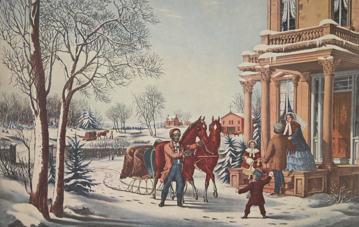 アメリカのカントリーライフ、冬の喜び、パブ。 1855年、キュリアーとアイブス 作： アメリカの学校