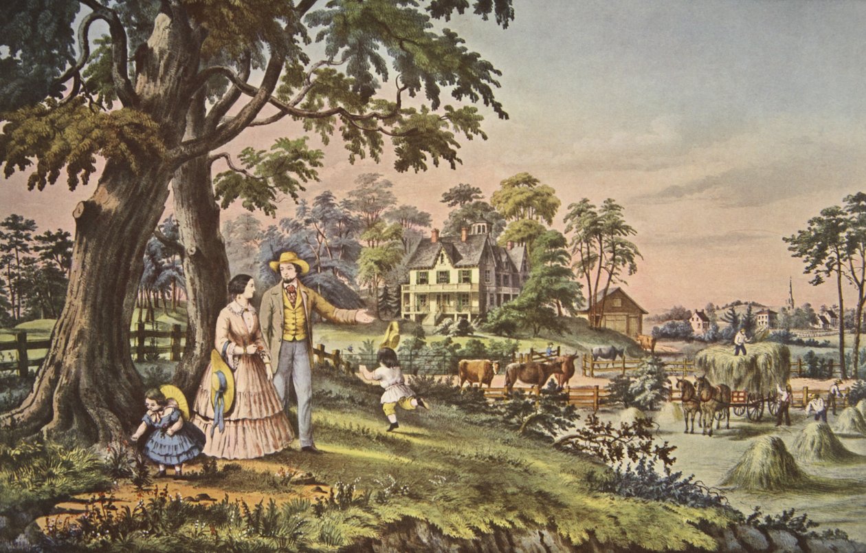 アメリカのカントリーライフ、夏の夜、パブ。 1855年、キュリアーとアイブス 作： アメリカの学校