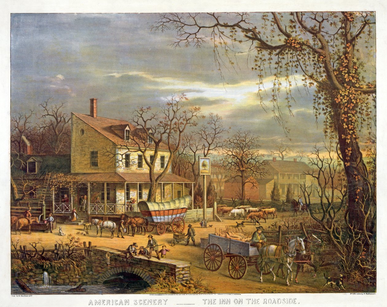 アメリカの風景-道端のイン、パブ。 1872 作： アメリカの学校