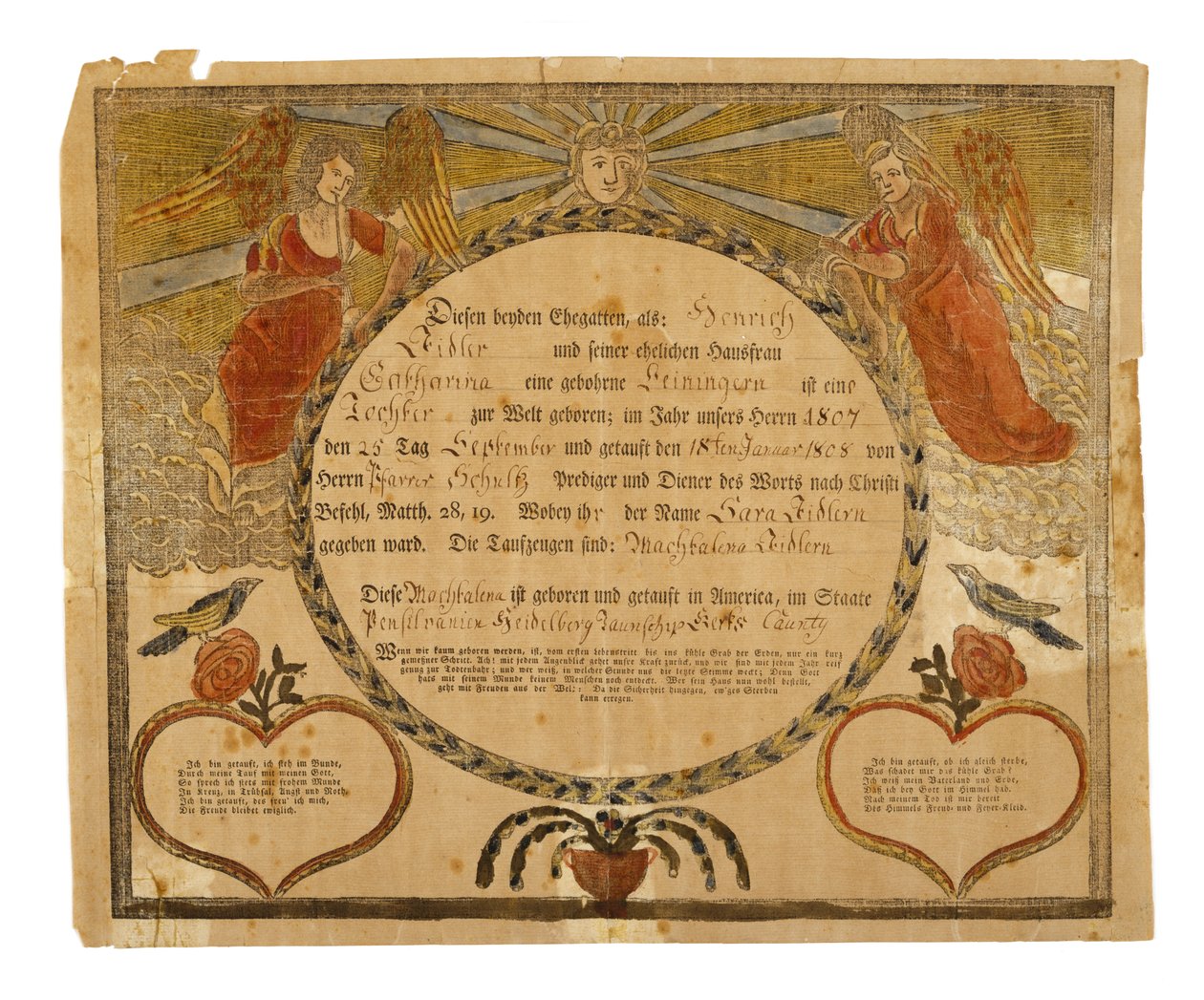 出生および洗礼証明書、c。 1815年（紙の上に手描きの木製彫刻） 作： アメリカの学校