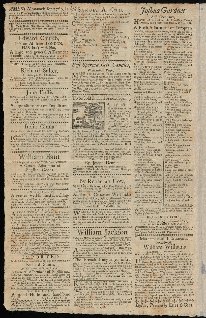 Boston Gazette and Country Journal、1768年11月7日の輸入関税および貿易制限の対象となる商品のボストン広告 作： アメリカの学校