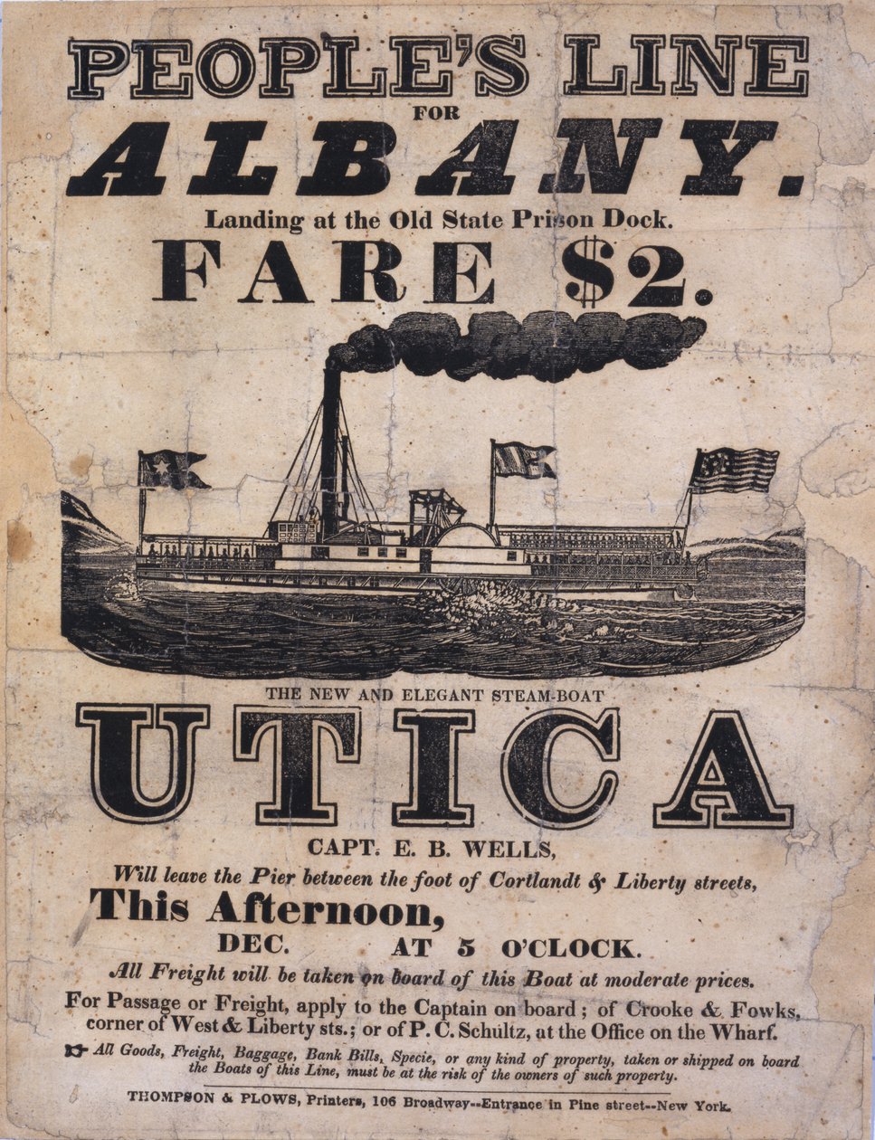 Broadside Advertising Peoples Line for Albany、The New and Elegant Steamboat Utica（レタープレスブロードサイド） 作： アメリカの学校