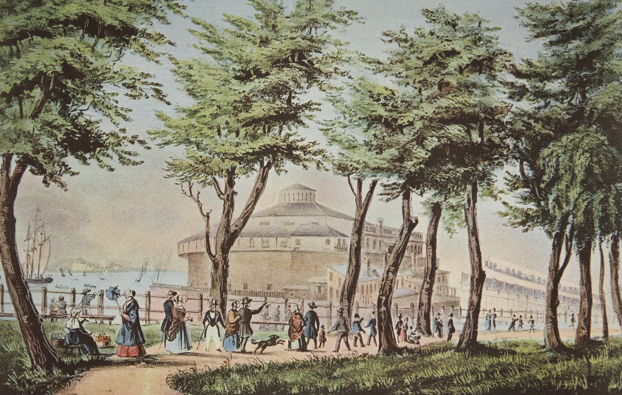 キャッスルガーデン、ニューヨーク、バッテリーから、パブ。 1848年、キュリアーとアイブス 作： アメリカの学校