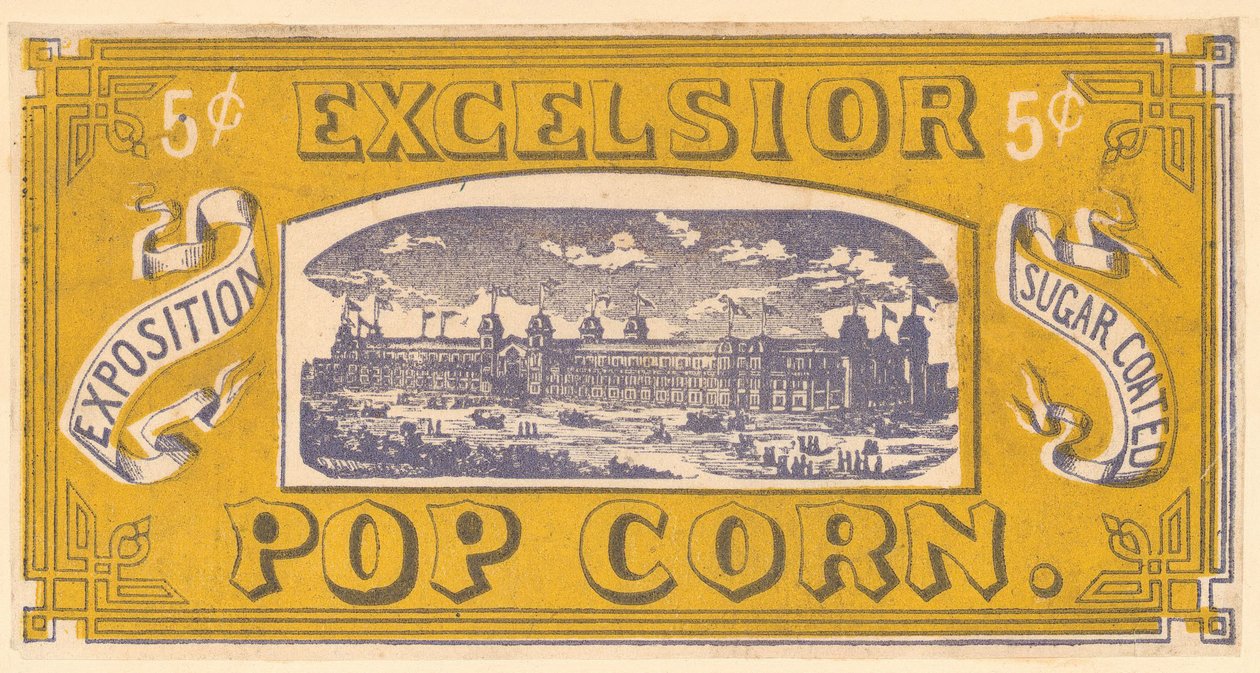 エクセルシオールポップコーントレードカード、センテニアル展、フィラデルフィア、1876 作： アメリカの学校