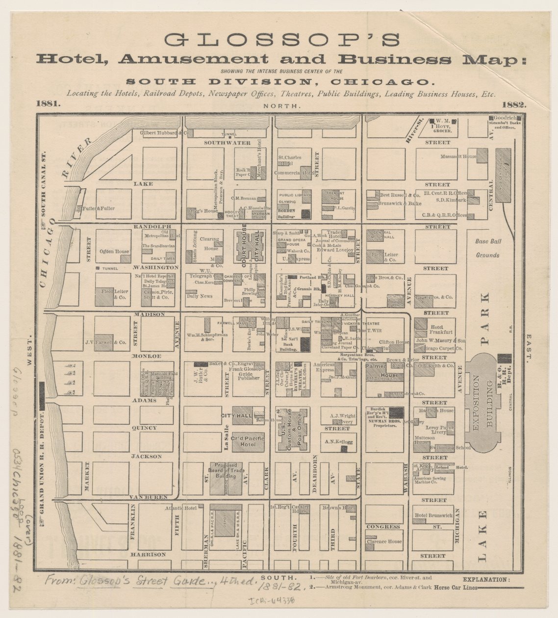 グロソップスホテル、アミューズメントとビジネスマップ、1881年から82年 作： アメリカの学校