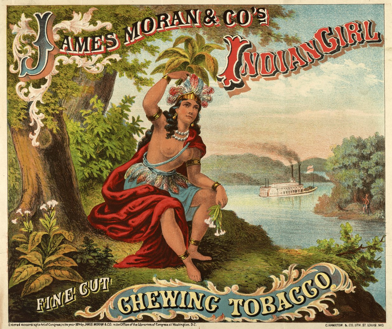 James Moran＆Co.s Indian Girl Fine Cut Chewing Tobacco、pub。、c.1874（oolour litho） 作： アメリカの学校