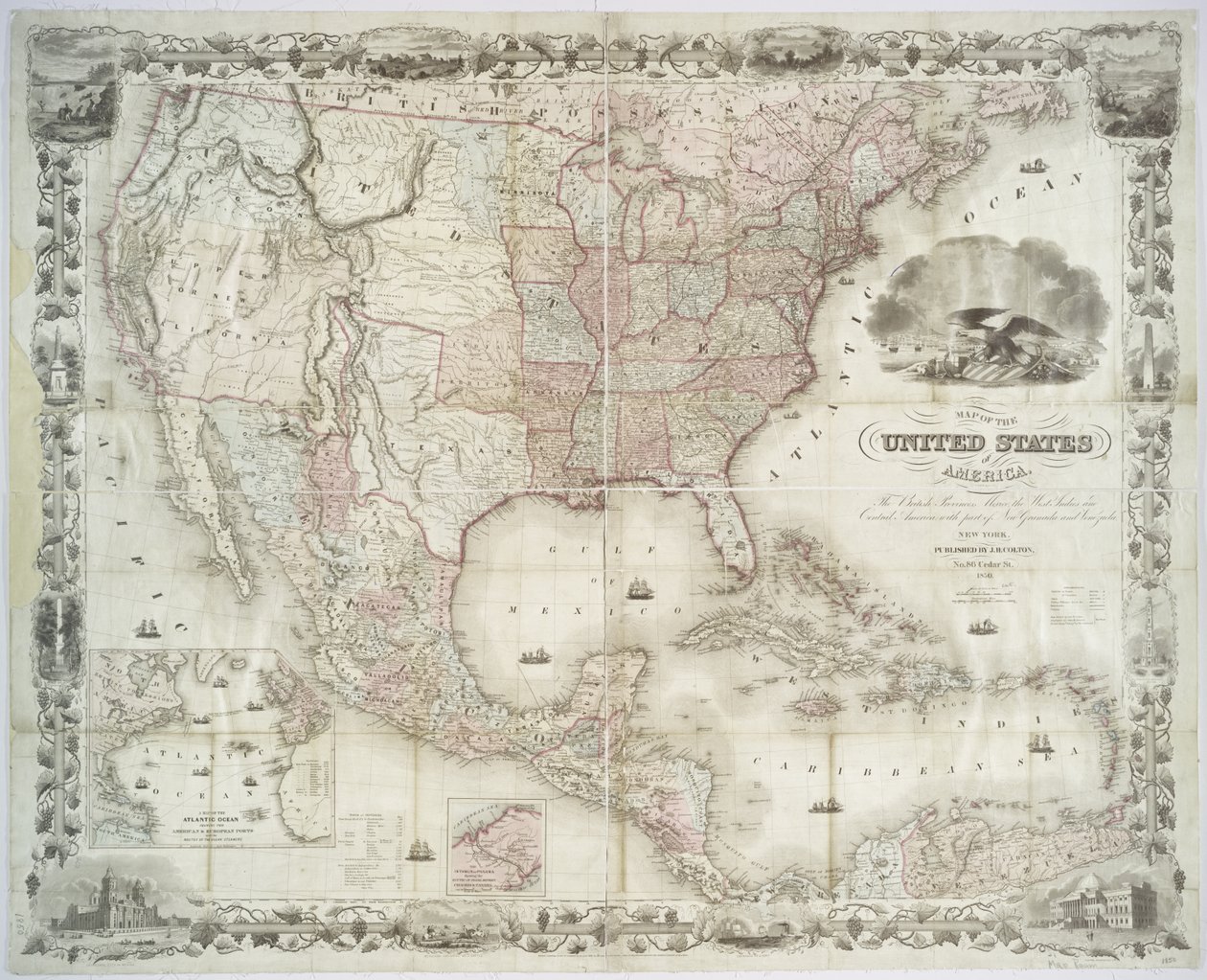 アメリカ合衆国、イギリスの州、メキシコ、西インド諸島、中央アメリカの地図、1850年（ハンドカラープリント） 作： アメリカの学校