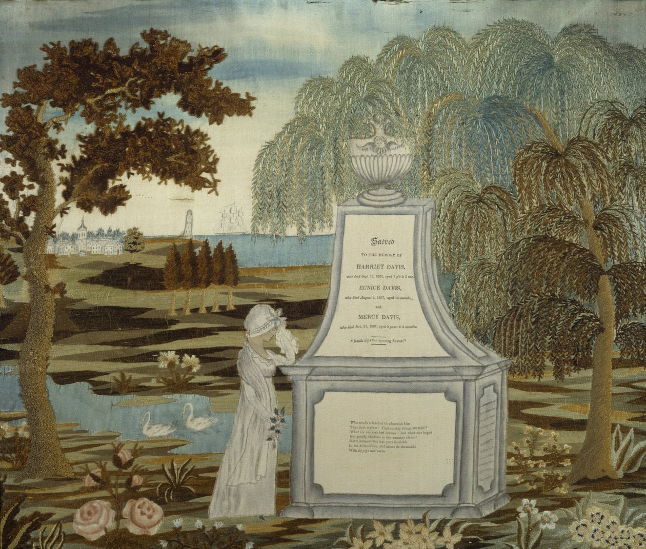 1807年付けの記念刺繍写真、1820〜1826年に制作（絹、インク、紙、水彩） 作： アメリカの学校